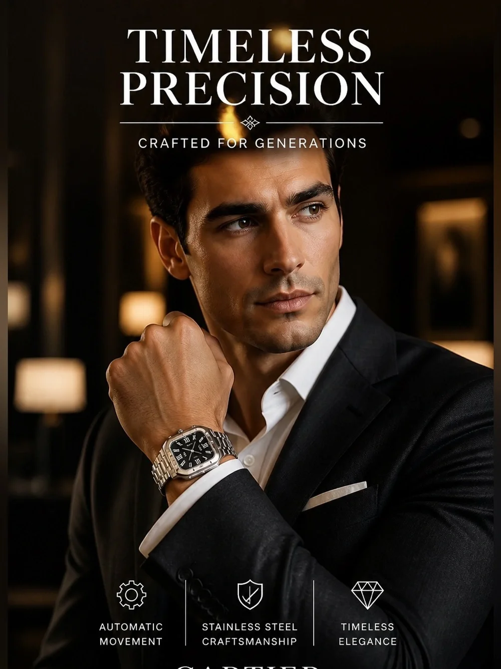 Stainless Steel Men's Watch in Silver with Black Dial